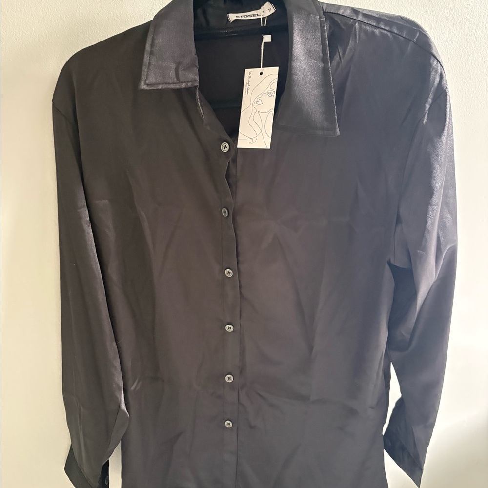 Brand new black Satin Button-Up Shirt